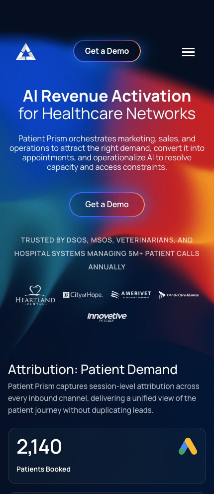 Patient Prism homepage on mobile